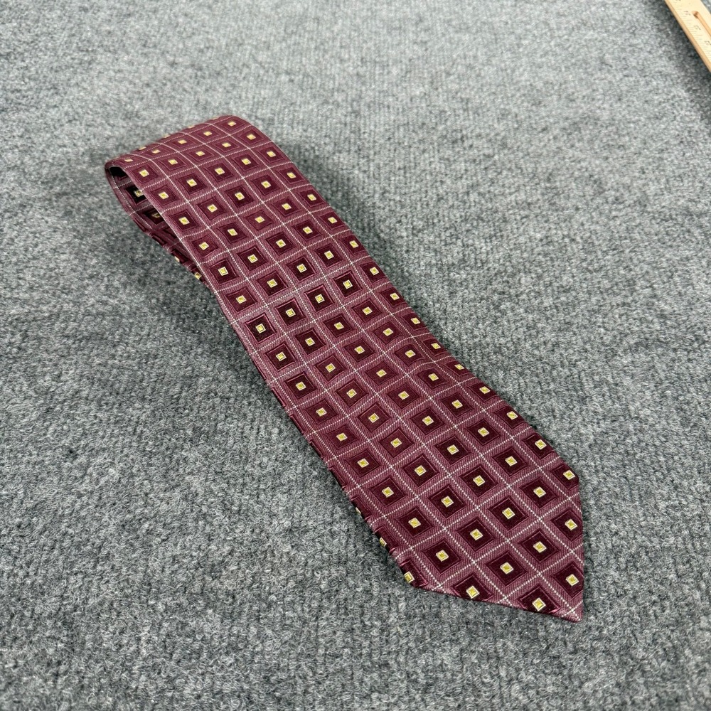 Ermenegildo Zegna Silk Tie Burgundy Maroon Geometric Square Pattern Italy #4910